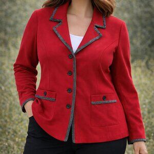 Draper’s & Damon’s XL Red Blazer Jacket Black Trim Pockets Button Front Preppy